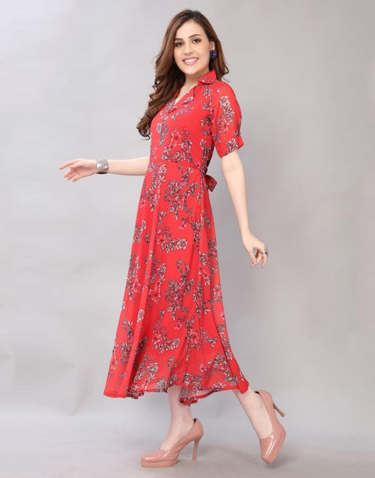 Affluent Red Coloured Digital Printed Polyester Dress | Sudathi