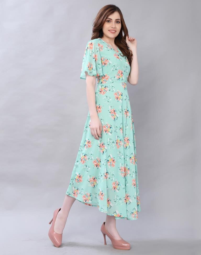 Decent Light Turquoise Blue Coloured Digital Printed Polyester Dress | Leemboodi