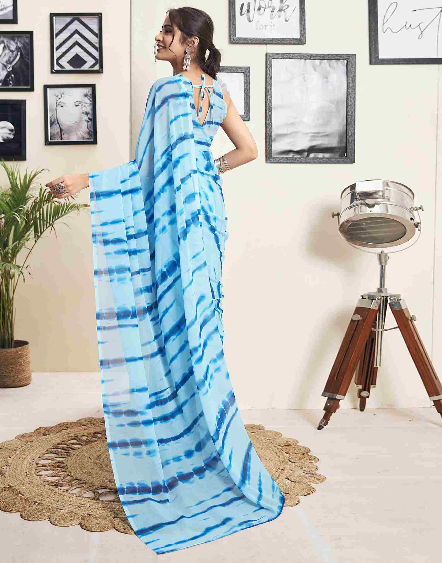 Ready To Wear Sky Blue Georgette Printed Saree