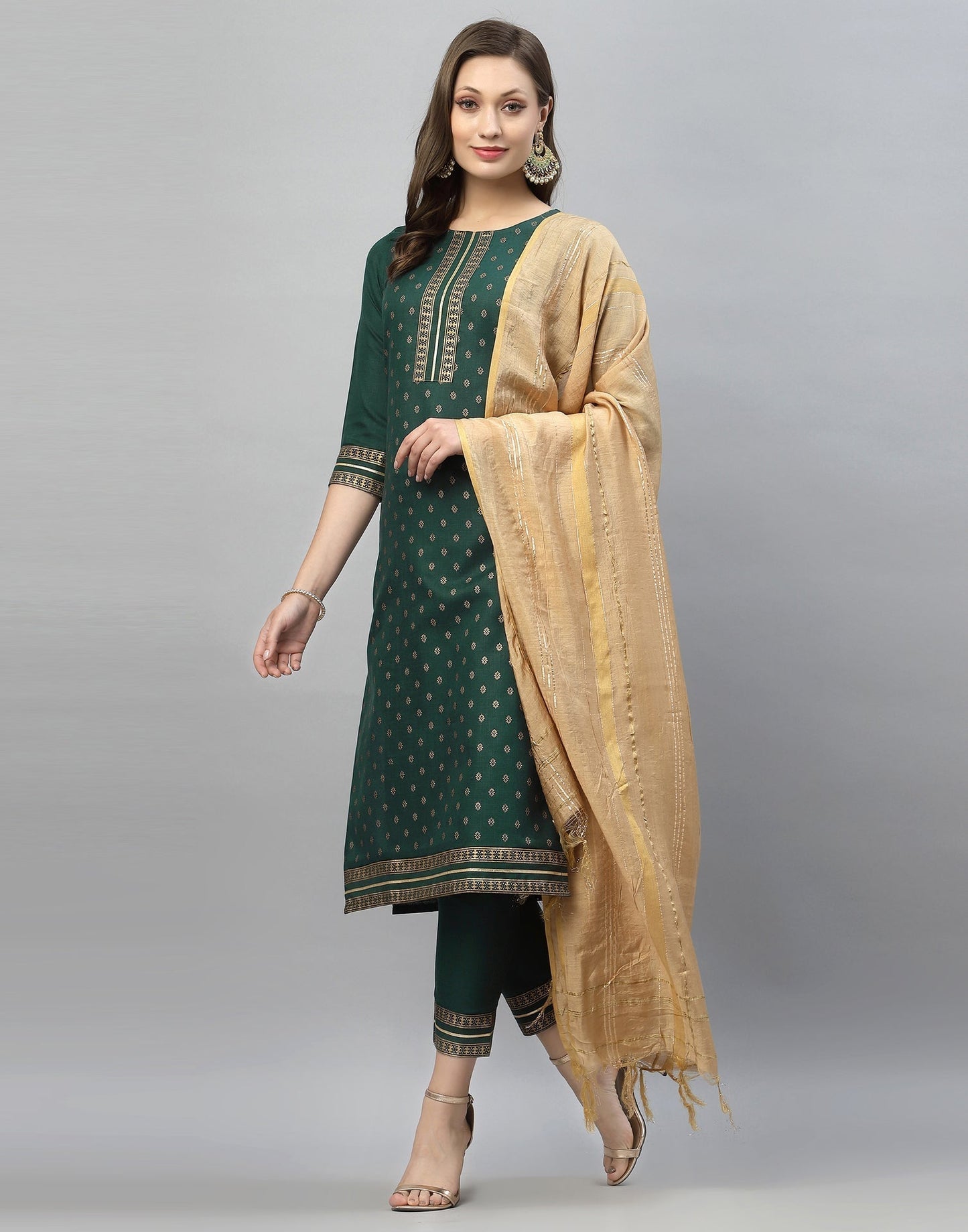 Bottle Green Kurti With Pant And Dupatta | Leemboodi