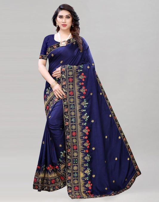 Navy Blue Coloured Poly Silk Embroidered Saree | Sudathi
