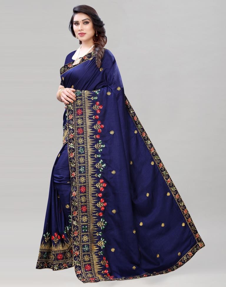 Navy Blue Coloured Poly Silk Embroidered Saree | Sudathi