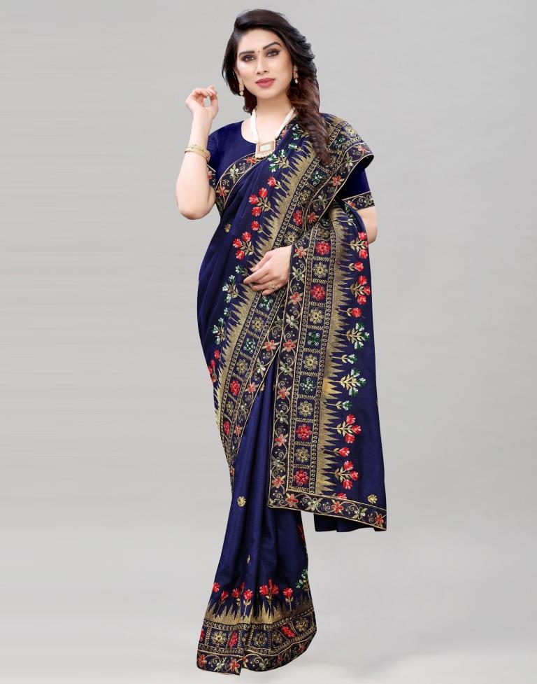 Navy Blue Coloured Poly Silk Embroidered Saree | Sudathi