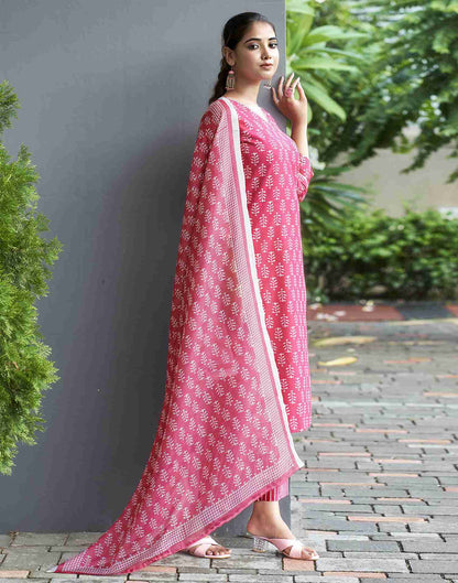 Pink Printed Cotton Straight Kurta Set With Dupatta