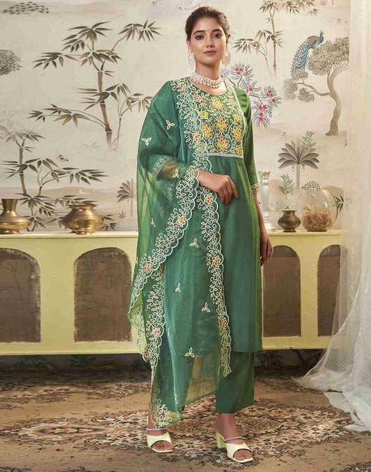 Pista Green Embroidery Chinnon Straight Kurta Set With Dupatta