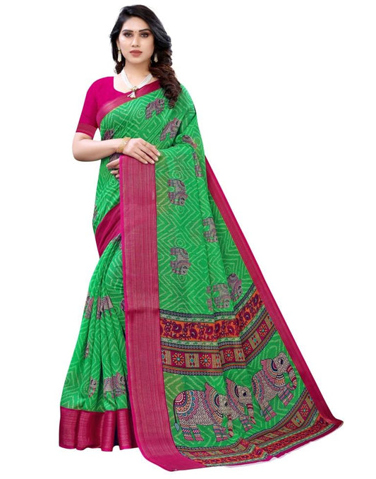 Parrot Green Coloured Poly Cotton Prined Casual saree | Sudathi