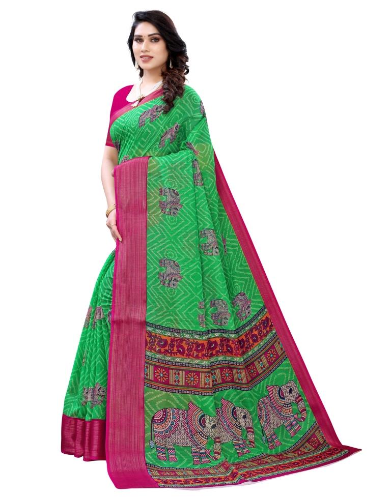 Parrot Green Coloured Poly Cotton Prined Casual saree | Sudathi
