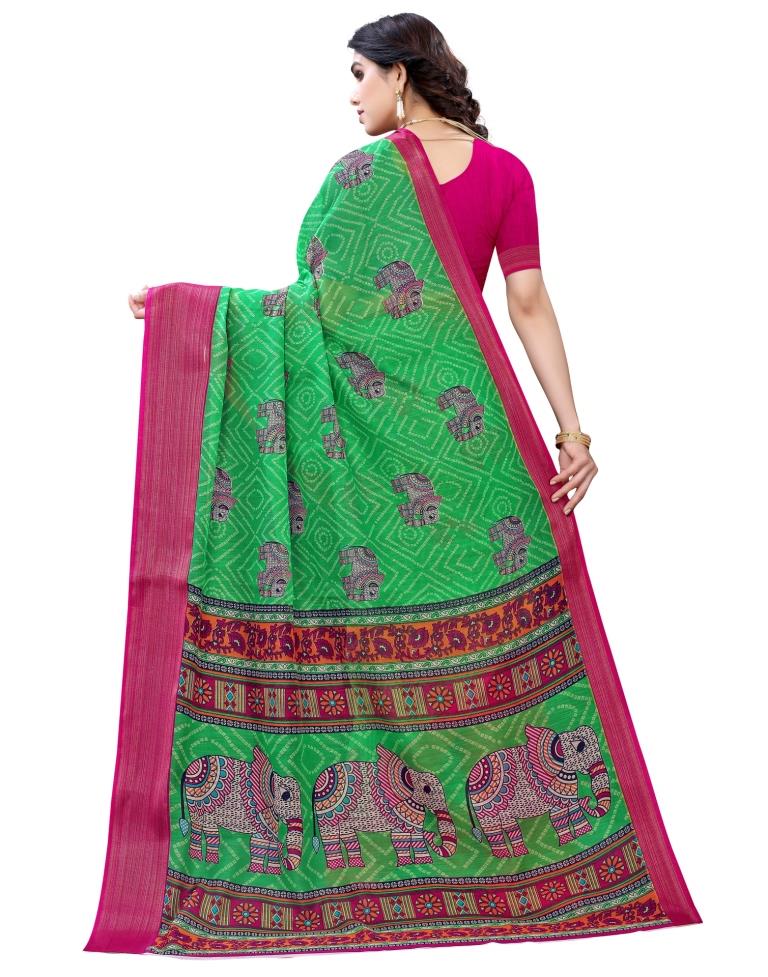 Parrot Green Coloured Poly Cotton Prined Casual saree | Sudathi