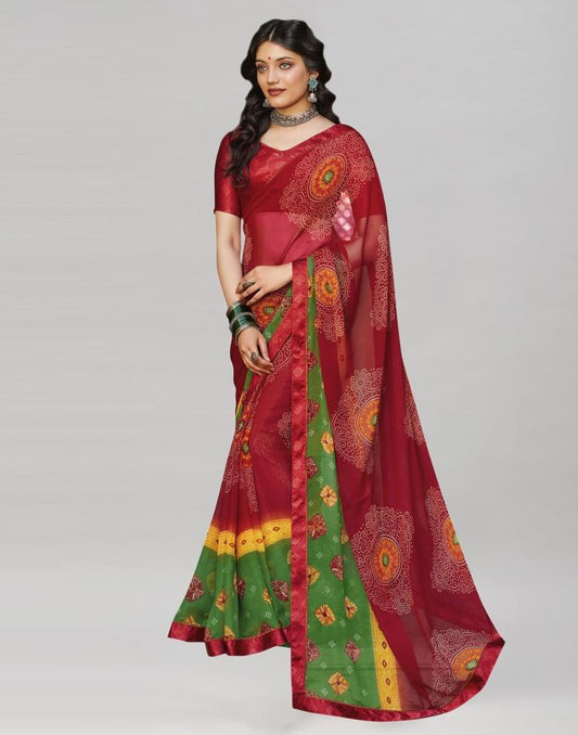 Red Bandhani Printed Saree | Sudathi