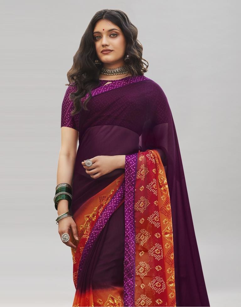 Definitive Wine Bandhani Printed Saree | Sudathi