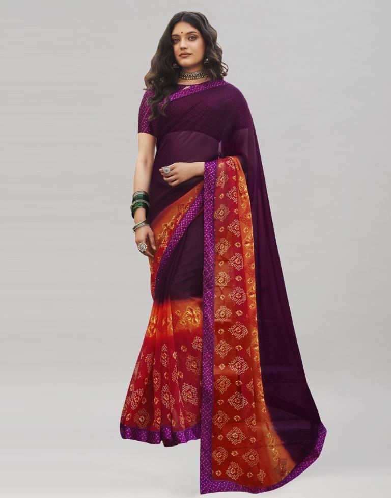 Definitive Wine Bandhani Printed Saree | Sudathi