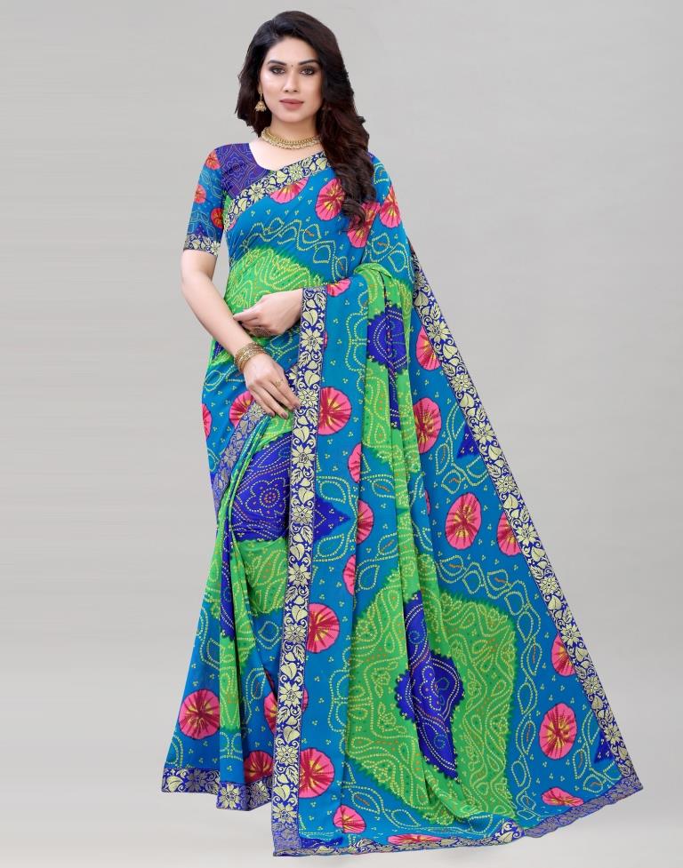 Blue And Multicolored Georgette Bandhani Printed Saree | Sudathi