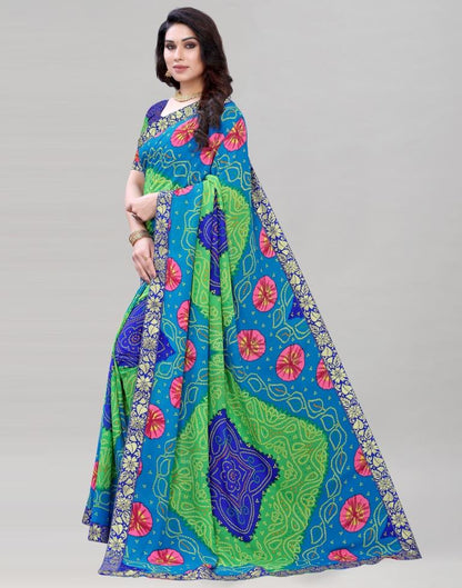 Blue And Multicolored Georgette Bandhani Printed Saree | Sudathi