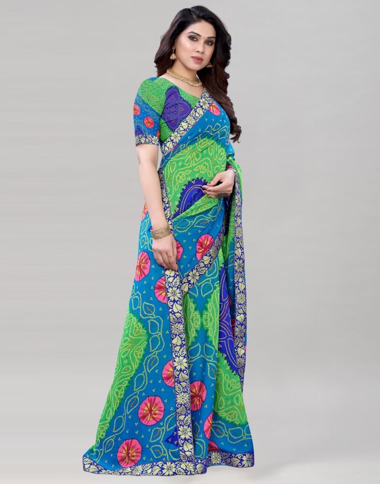 Blue And Multicolored Georgette Bandhani Printed Saree | Sudathi