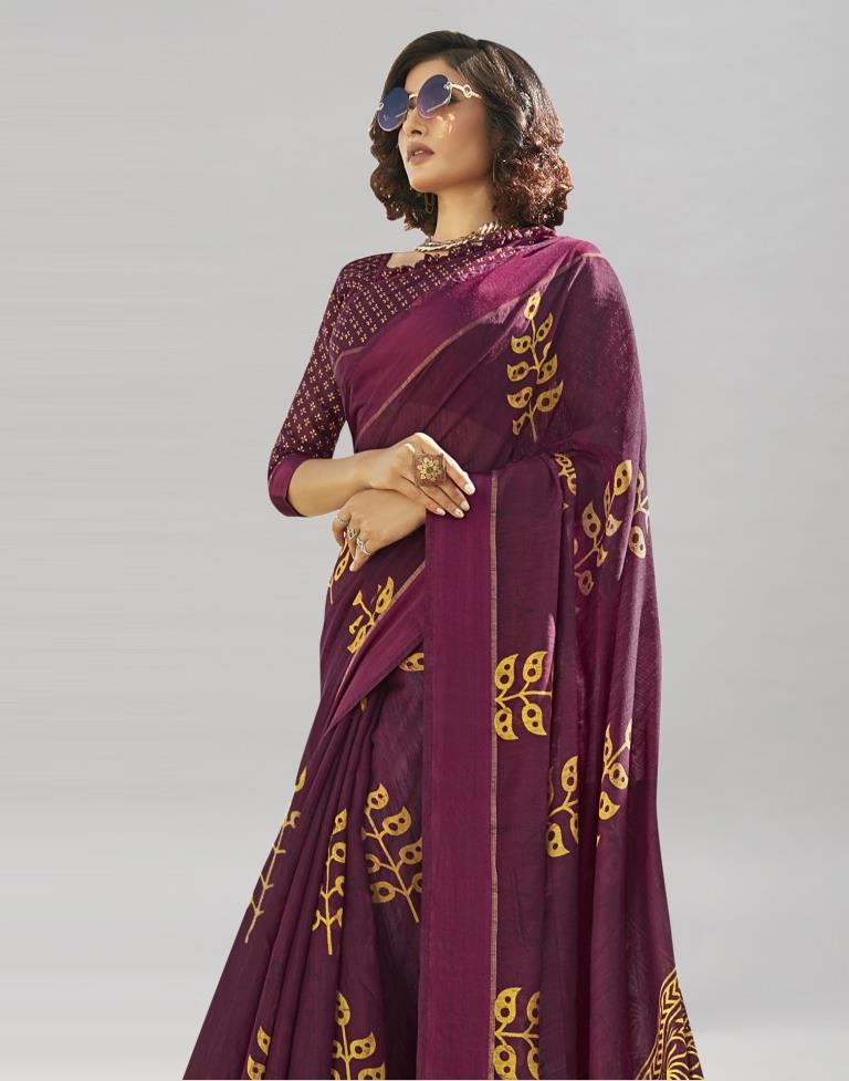 Wine And Mustard Yellow Coloured Poly Cotton Printed Saree | Sudathi