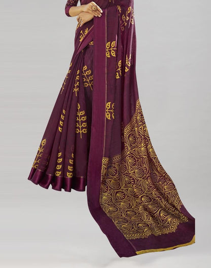 Wine And Mustard Yellow Coloured Poly Cotton Printed Saree | Sudathi