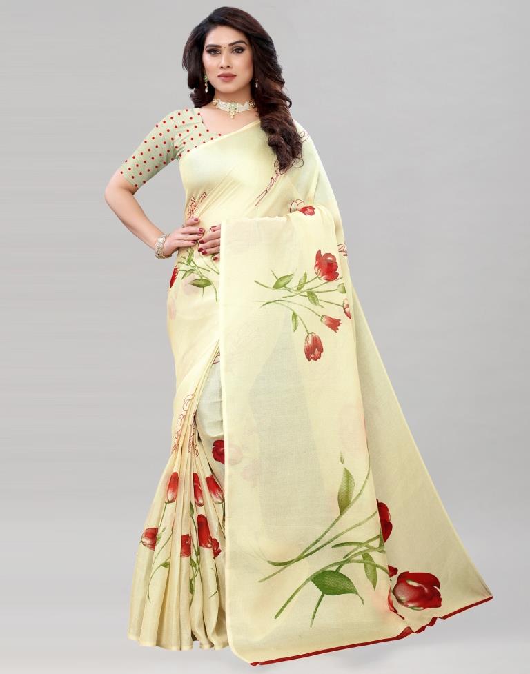 Light Cream Coloured Poly Jute Floral Printed Saree | Sudathi
