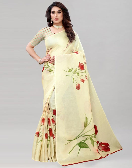 Light Cream Coloured Poly Jute Floral Printed Saree | Sudathi