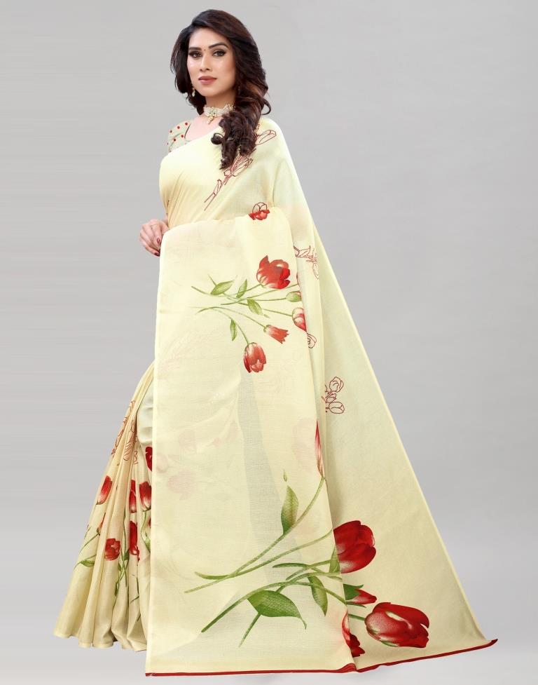 Light Cream Coloured Poly Jute Floral Printed Saree | Sudathi