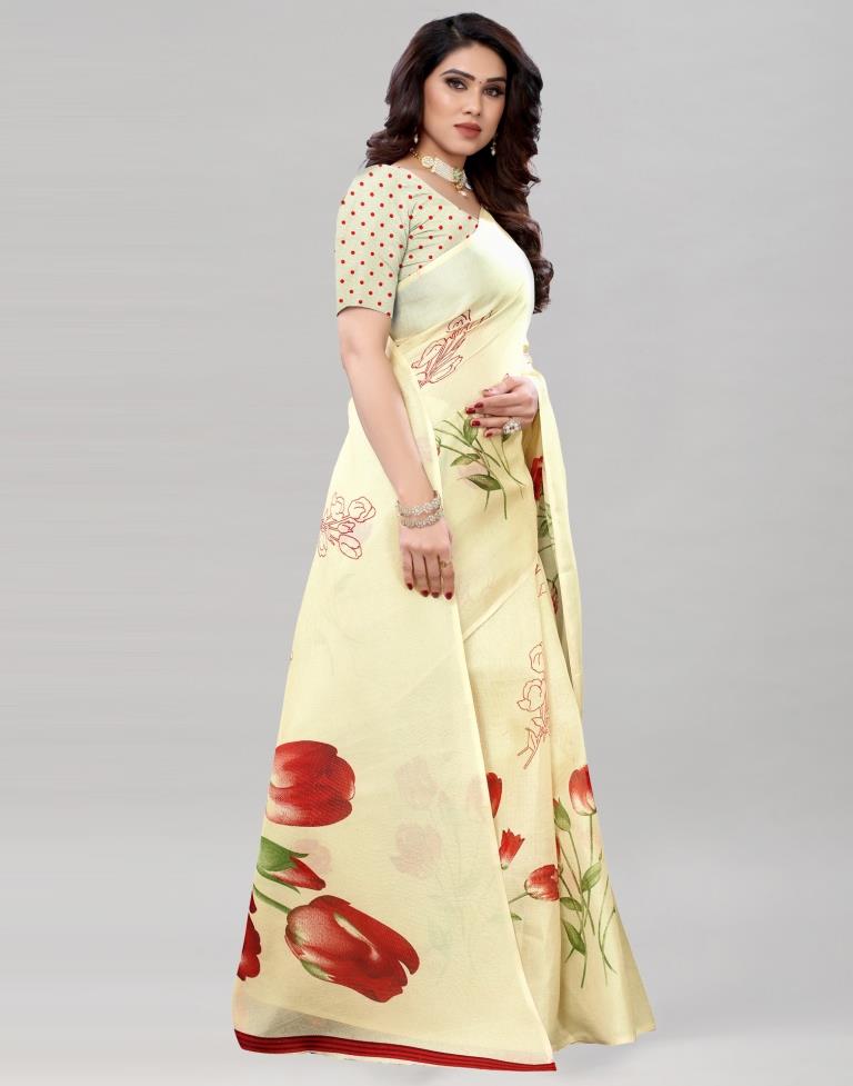 Light Cream Coloured Poly Jute Floral Printed Saree | Sudathi