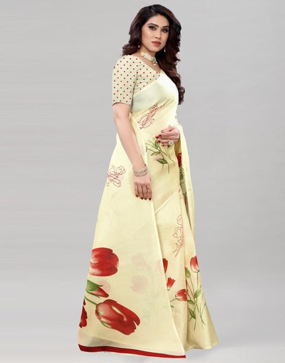 Light Cream Coloured Poly Jute Floral Printed Saree | Sudathi
