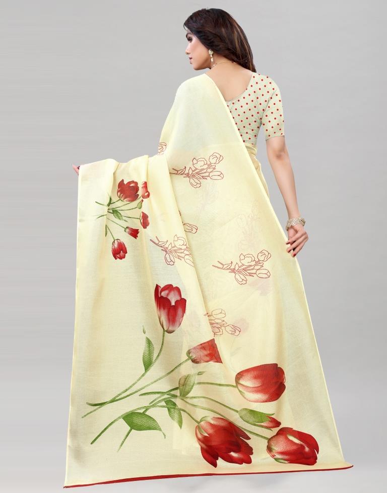 Light Cream Coloured Poly Jute Floral Printed Saree | Sudathi