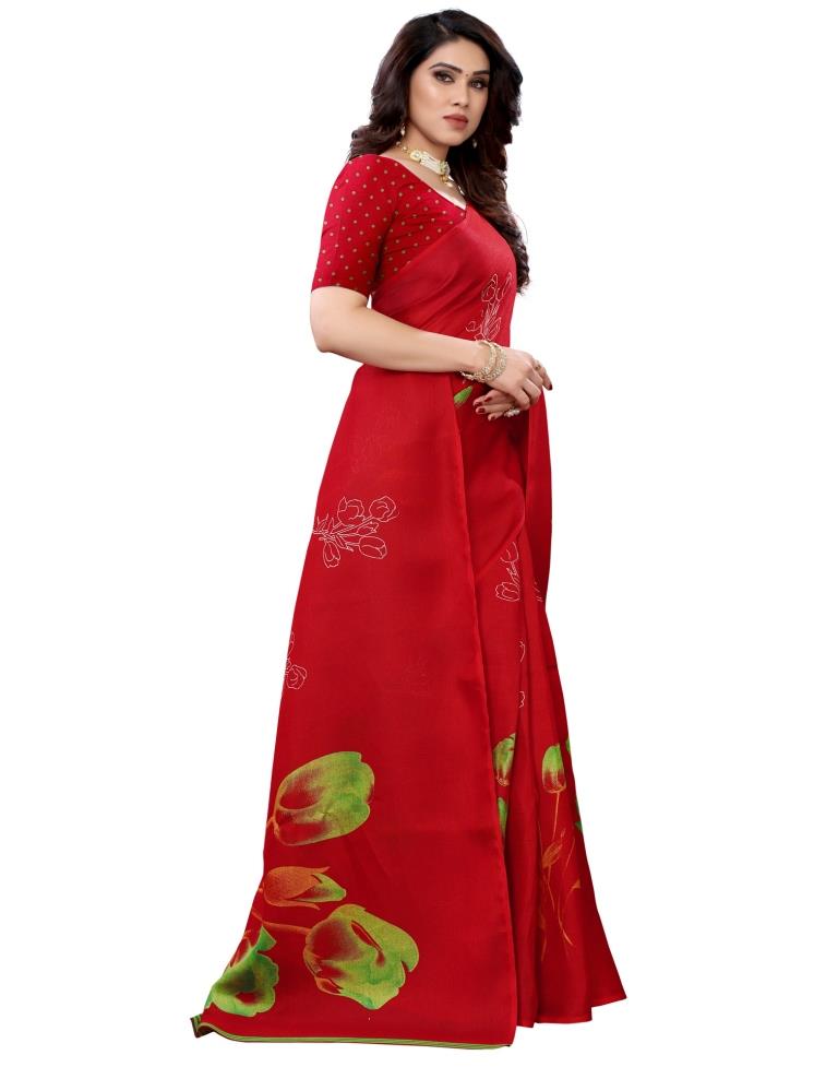 Red Coloured Poly Jute Floral Printed Casual saree | Sudathi