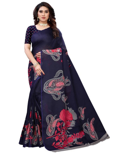 Navy Blue Coloured Poly Jute Floral Printed Casual saree | Sudathi