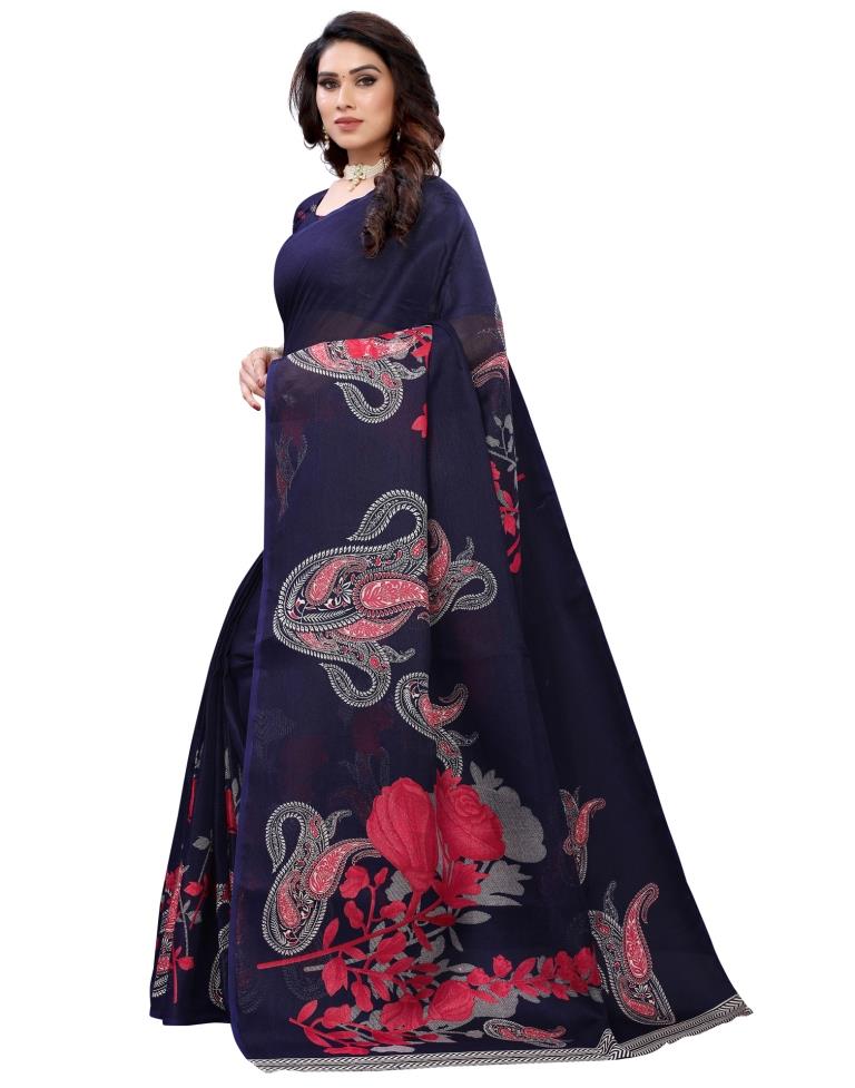 Navy Blue Coloured Poly Jute Floral Printed Casual saree | Sudathi