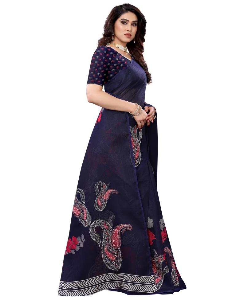 Navy Blue Coloured Poly Jute Floral Printed Casual saree | Sudathi