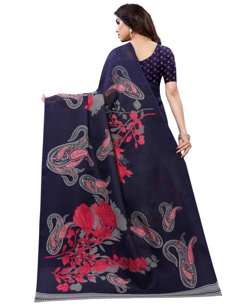 Navy Blue Coloured Poly Jute Floral Printed Casual saree | Sudathi