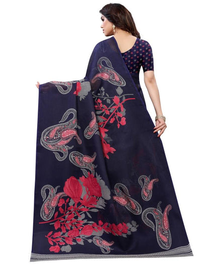 Navy Blue Coloured Poly Jute Floral Printed Casual saree | Sudathi
