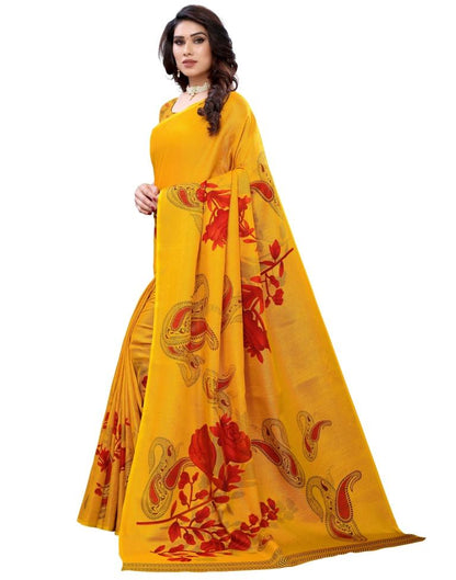 Turmeric Yellow Coloured Poly Jute Floral Printed Casual saree | Sudathi