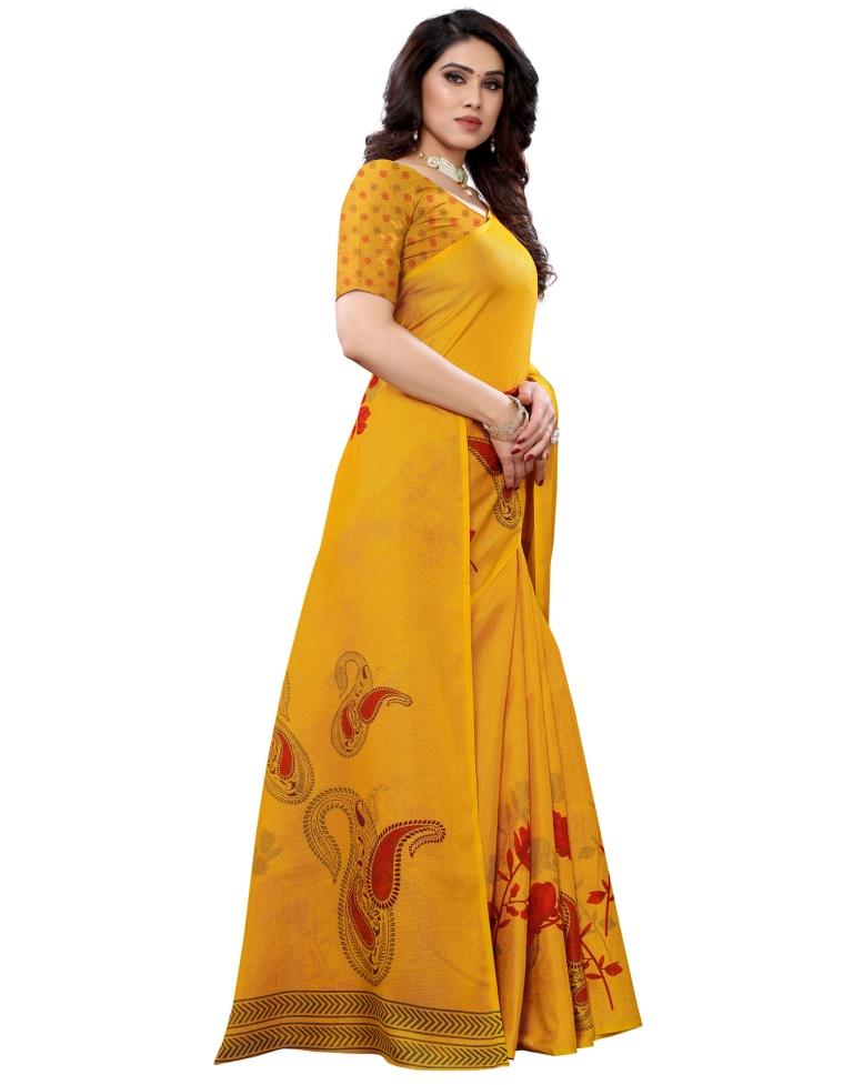 Turmeric Yellow Coloured Poly Jute Floral Printed Casual saree | Sudathi