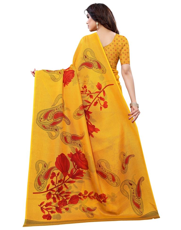 Turmeric Yellow Coloured Poly Jute Floral Printed Casual saree | Sudathi