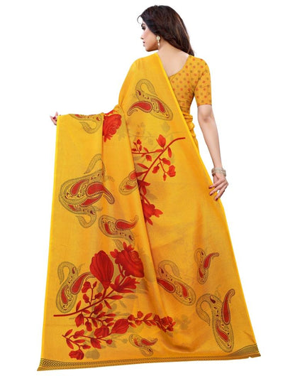 Turmeric Yellow Coloured Poly Jute Floral Printed Casual saree | Sudathi
