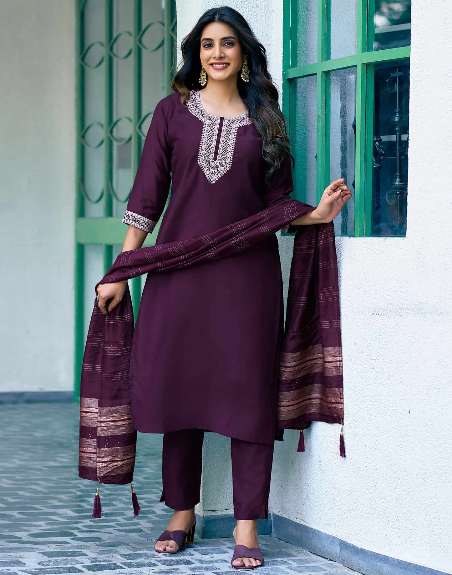 Deep Purple Sequence Silk Straight Kurta With Pant And Dupatta