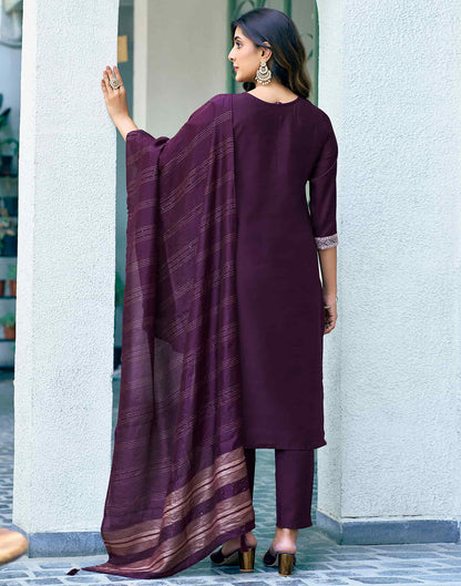 Deep Purple Sequence Silk Straight Kurta With Pant And Dupatta