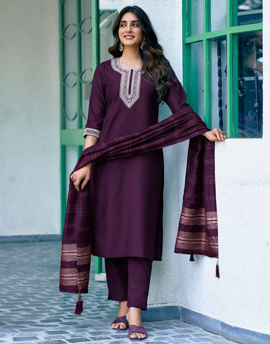 Deep Purple Sequence Silk Straight Kurta With Pant And Dupatta