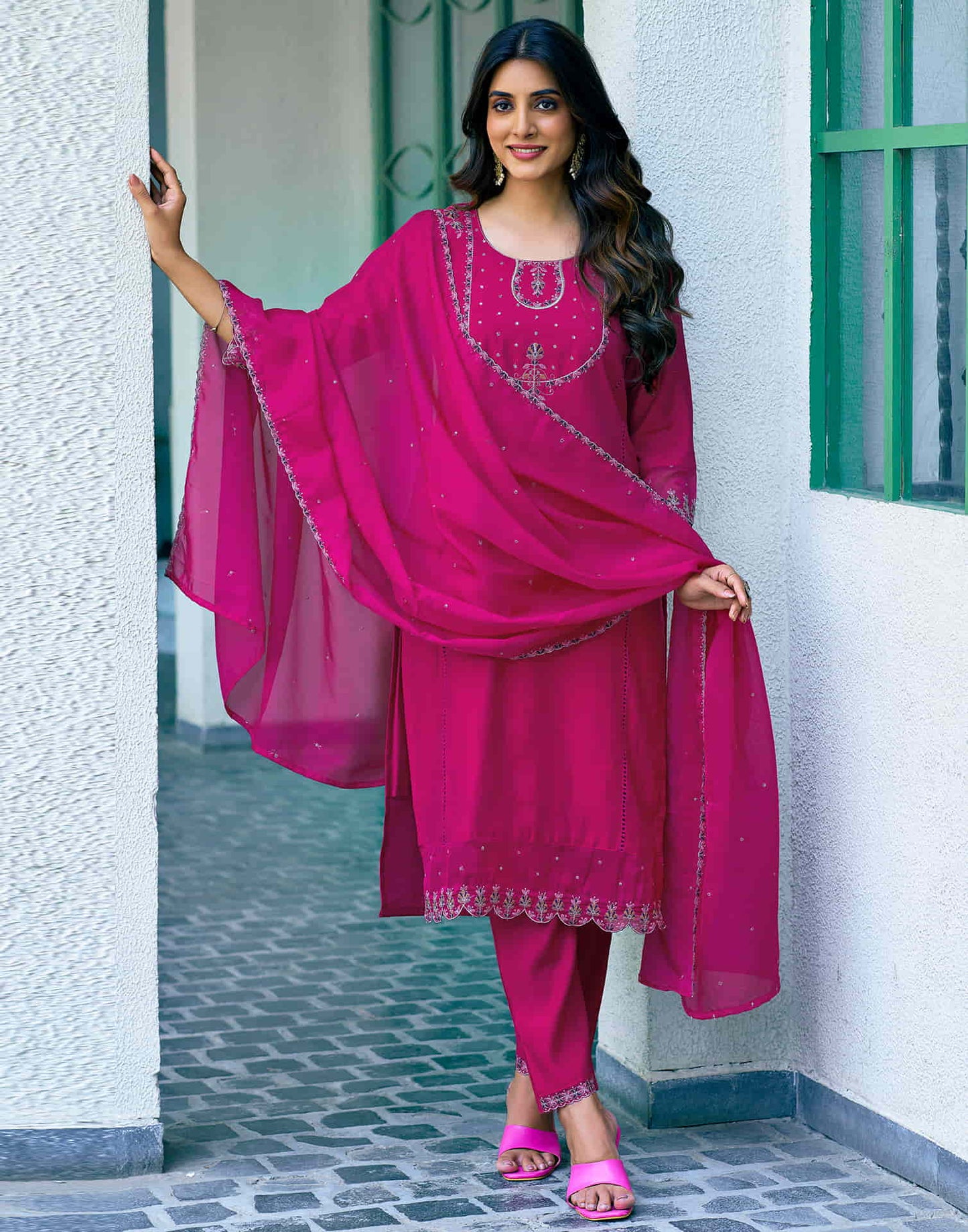 Rani Pink Sequence Silk Straight Kurta With Pant And Dupatta