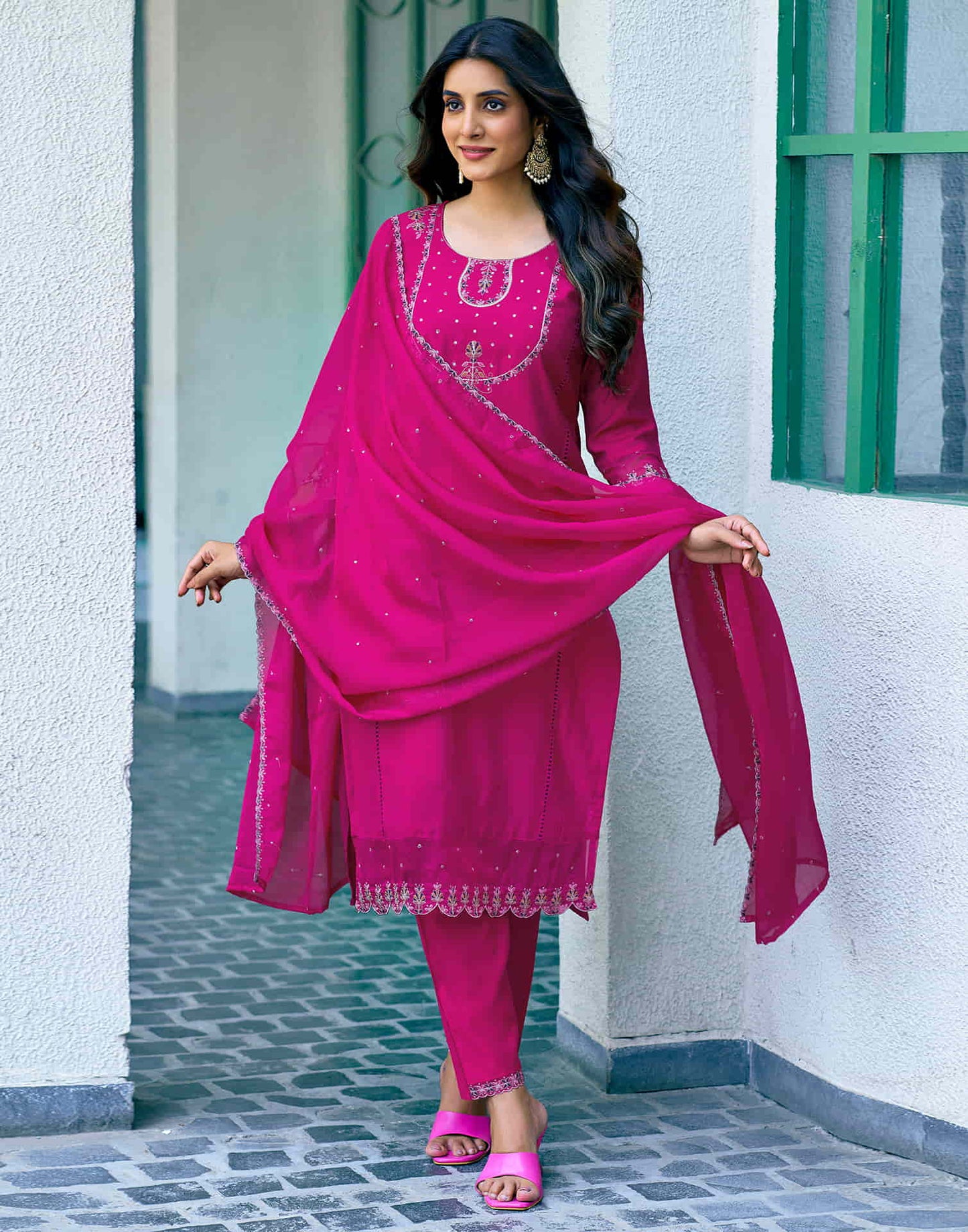 Rani Pink Sequence Silk Straight Kurta With Pant And Dupatta