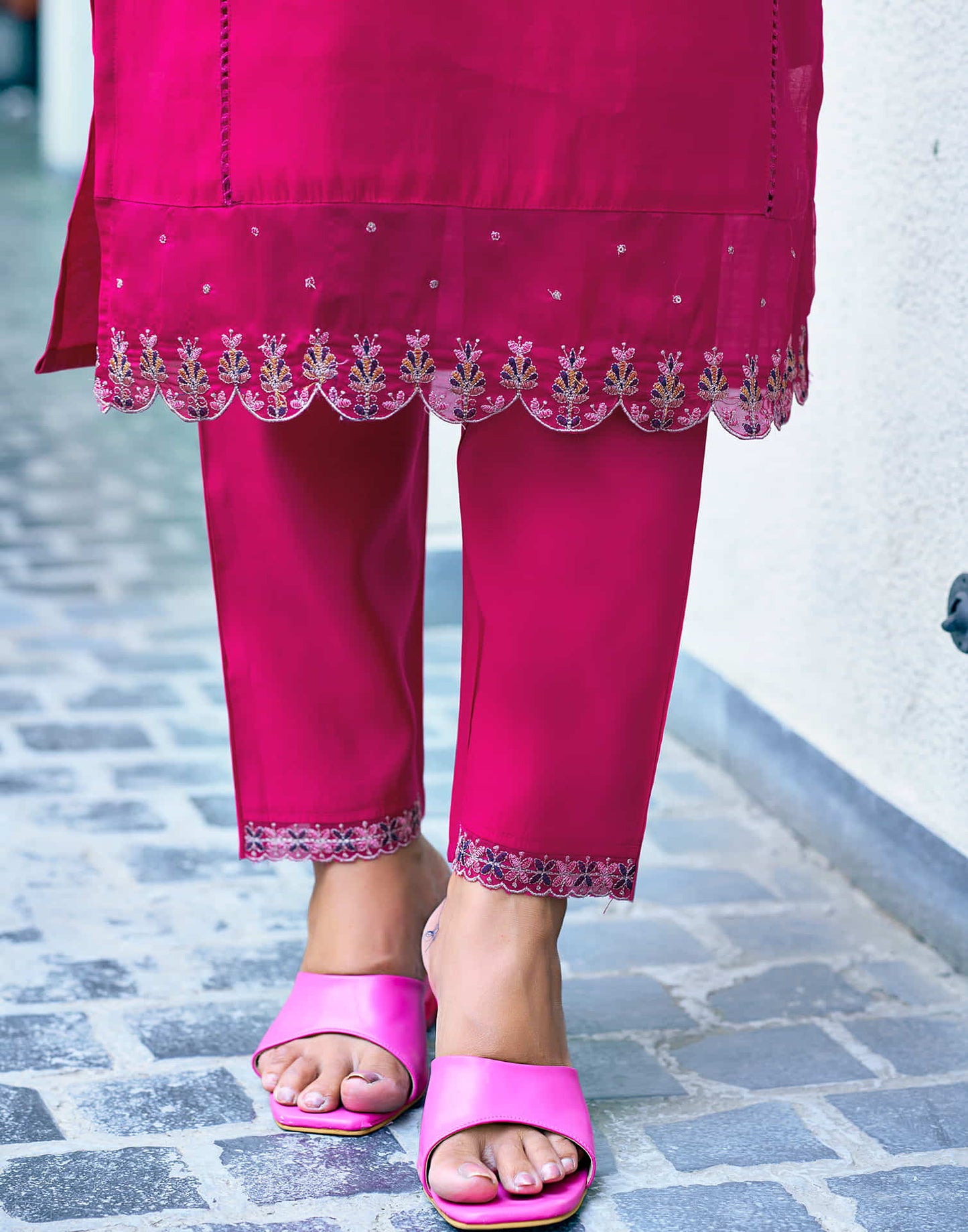 Rani Pink Sequence Silk Straight Kurta With Pant And Dupatta