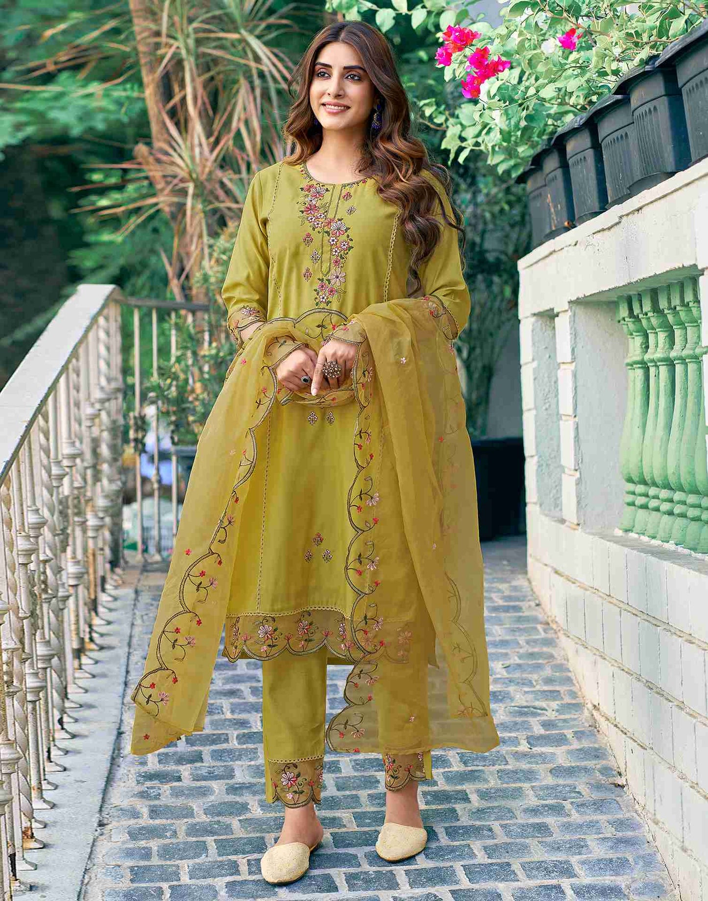 Mustard Yellow Embroidery Silk Straight Kurta Set With Dupatta