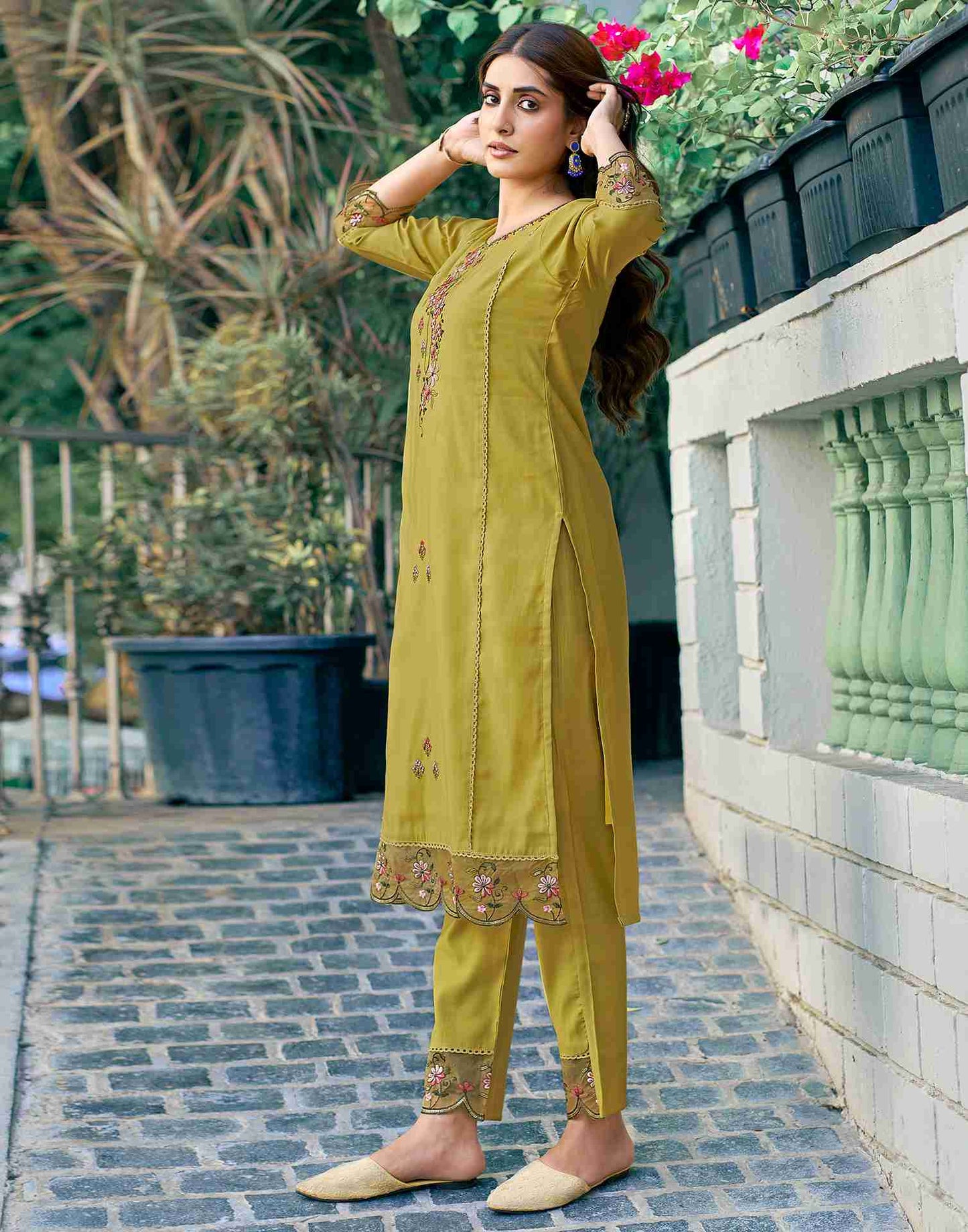 Mustard Yellow Embroidery Silk Straight Kurta Set With Dupatta