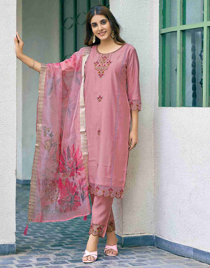 Dusty Pink Silk Embroidery Straight Kurta Set With Dupatta