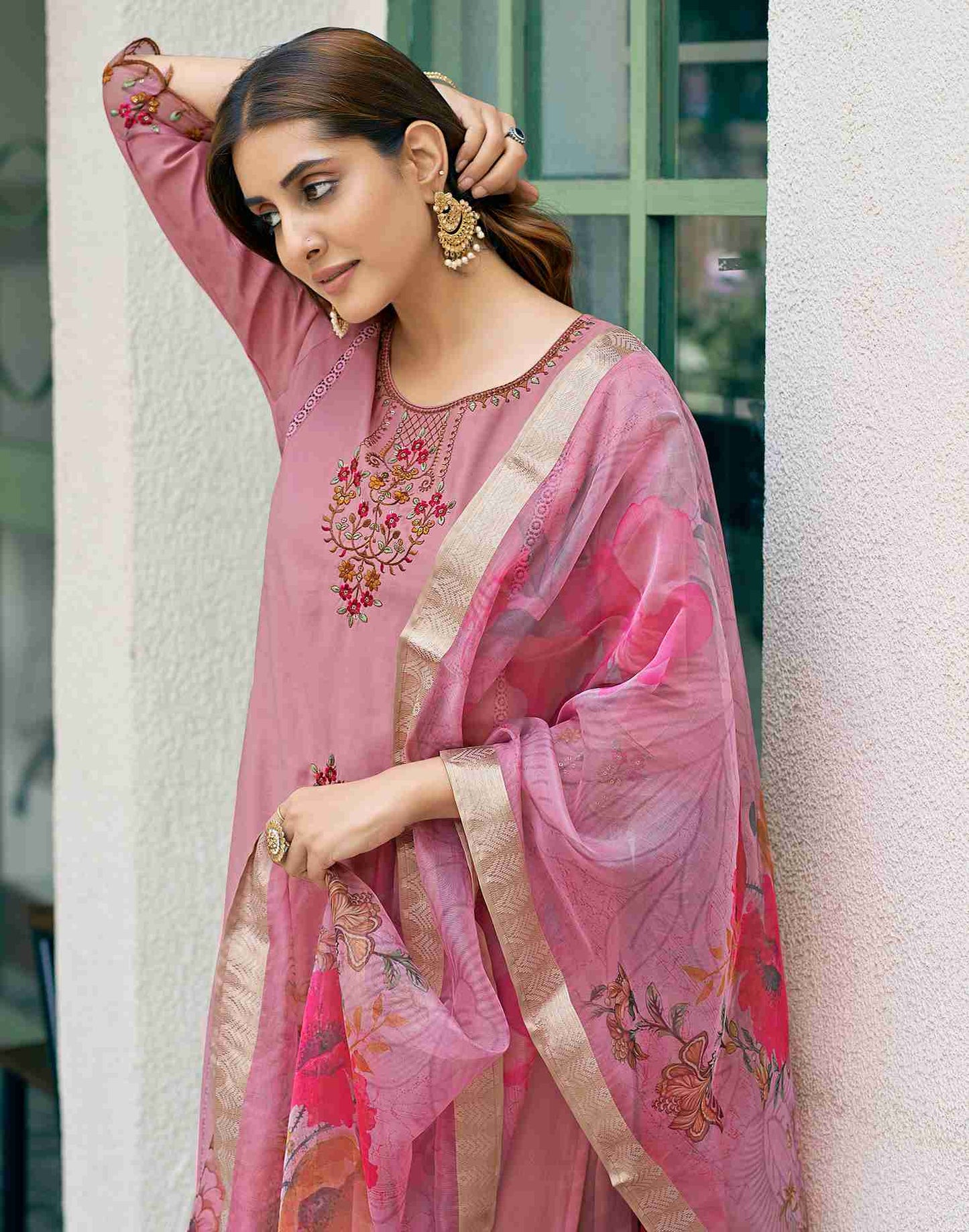 Dusty Pink Silk Embroidery Straight Kurta Set With Dupatta