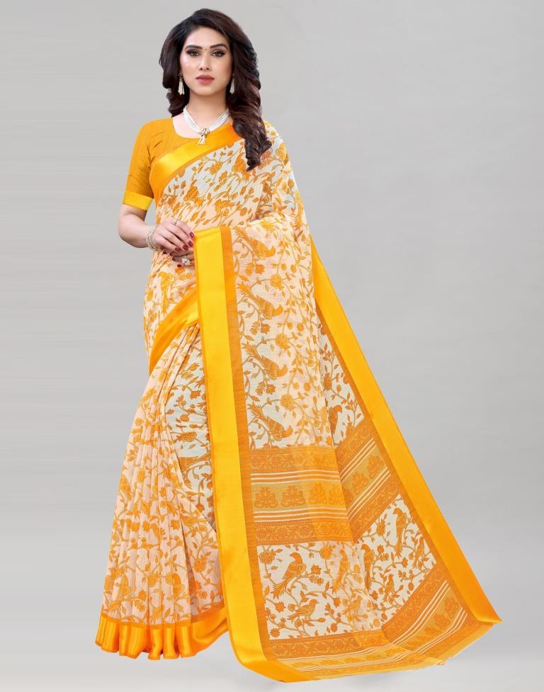 Turmeric Yellow Coloured Poly Cotton Bird Printed Saree | Sudathi
