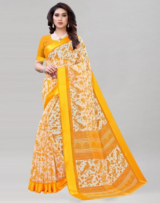 Turmeric Yellow Coloured Poly Cotton Bird Printed Saree | Sudathi