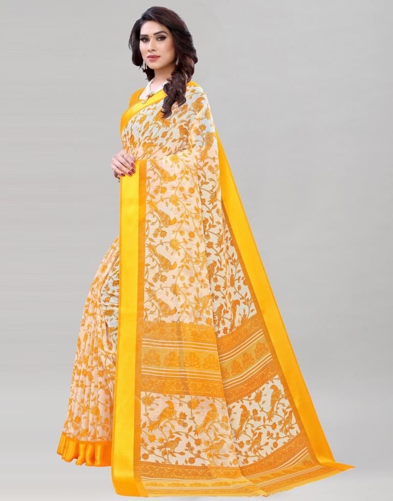 Turmeric Yellow Coloured Poly Cotton Bird Printed Saree | Sudathi