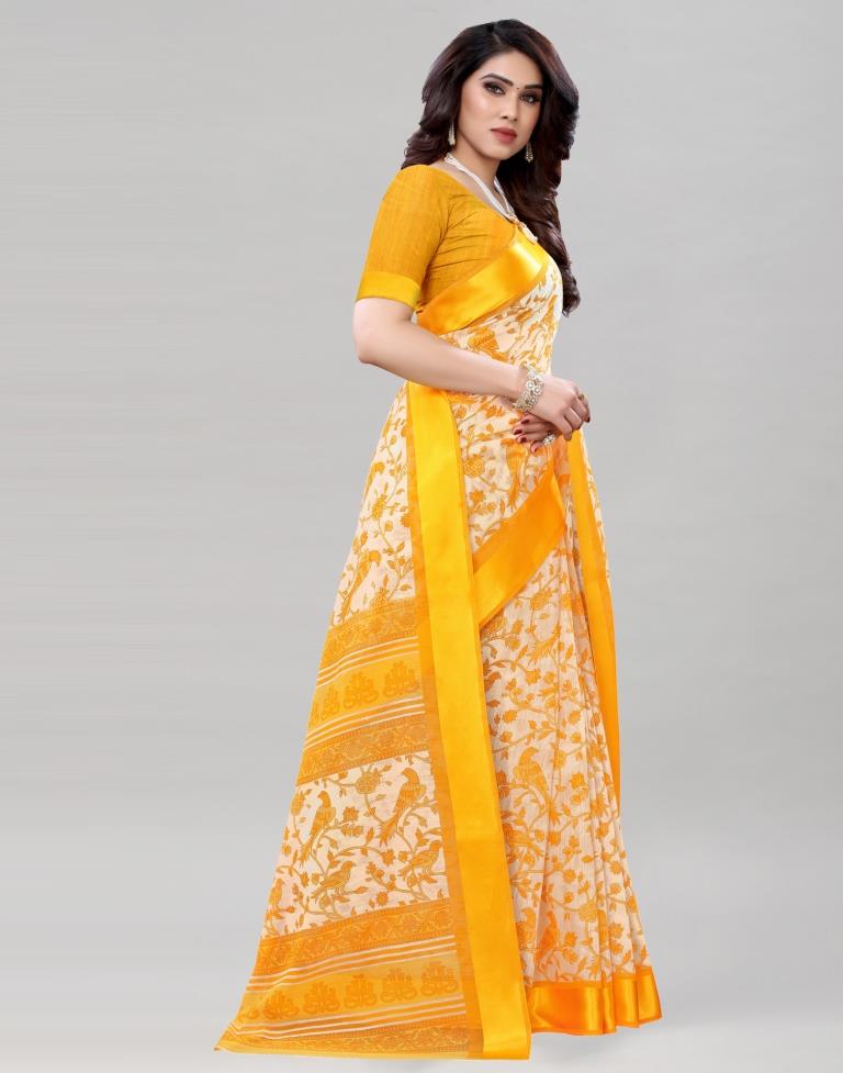 Turmeric Yellow Coloured Poly Cotton Bird Printed Saree | Sudathi